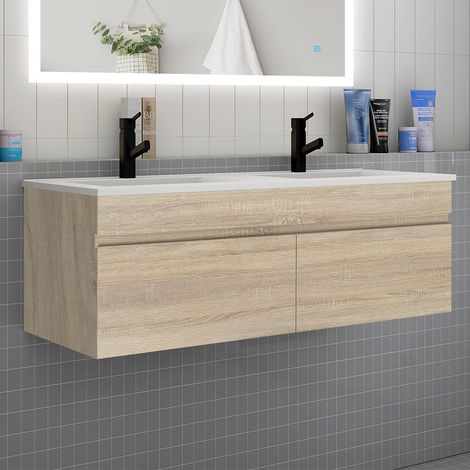 Meuble de salle de bain double vasque 120 cm, meuble suspendu avec 2 portes - bois clair
