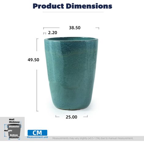 Grand vase à fleurs en céramique, diamètre 38,5 cm, hauteur 49,5 cm, émail turquoise dégradé brillant, lisse, poreux, anti-gel, avec trous d'évacuation, idéal pour intérieur, balcon ou terrasse. (1/5)
