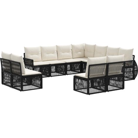 vidaXL Set Divano da Giardino 11 pcs Nero e Bianco Crema polyrattan