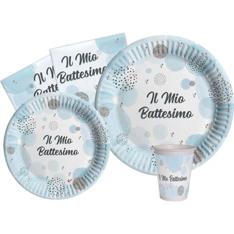 Kit Vaisselle de Fête pour 8 personnes (44 pcs: 8 assiettes Ø23cm, 8 assiettes Ø18cm, 8 gobelets 250ml, 20 serviettes 33x33cm) en papier compostable eco-friendly, bleu (1/5)