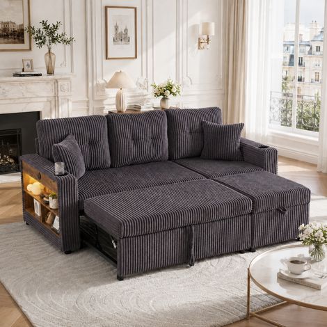 Mehrfunktionales Cord-Sofa mit Stauraum & Ausziehbett. Inkl. USB-C, Ambientebeleuchtung, Getränkehaltern & breiten Armlehnen. Schafft gemütliche Wohlfühlbereiche in Wohn- und Gästezimmer. (1/5)