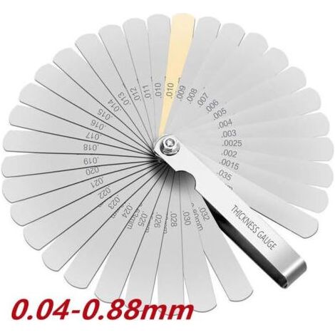 1 Jeu de cales d'épaisseur, 32 lames, acier inoxydable et laiton, marquage métrique et impérial, précision 0,04mm à 0,88mm, pour moteurs et guitares (1/4)