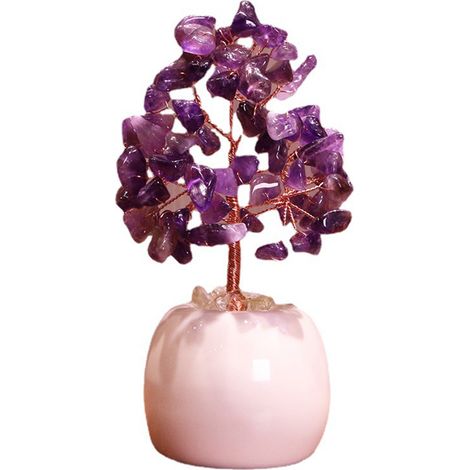Árbol de la Vida en Piedras Preciosas Naturales: Amatista, Cristal, Base de Cuarzo Rosa, Alambre de Cobre, Baño de Plata, Decoración (1/5)