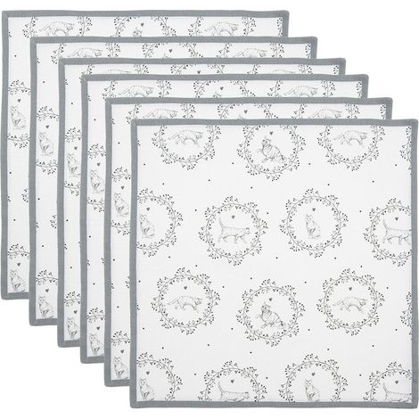 Lot de 6 Serviettes de Table en Coton Motif Chat Décoratives Blanc et Gris 40x40 cm - PANGIVO (1/5)