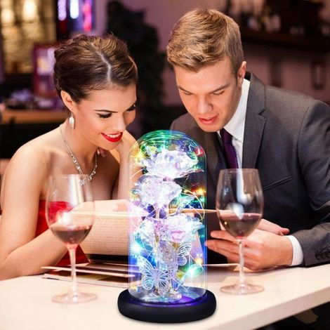 Rose Eternelle en Verre avec LED Lumières - 3 Roses Platine et 2 papillons - Base Bois Noir - Pour Anniversaire, St-Valentin, (1/5)