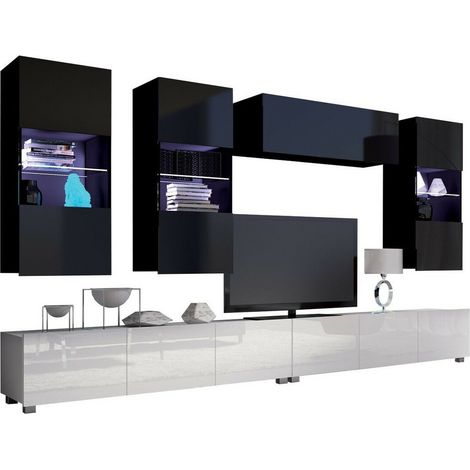 Ensemble de salon Remus V, Blanc + Blanc brillant + Noir + Noir brillant