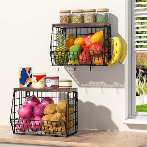 Deux corbeilles à fruits, corbeilles à fruits murales pour la cuisine, paniers de rangement pour fruits et légumes avec quatre crochets.