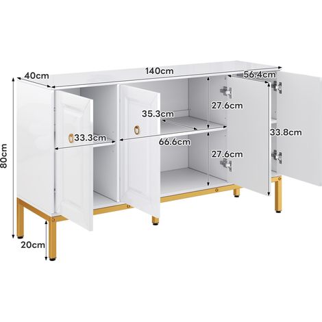 Buffet haut de gamme, meuble de rangement laqué brillant, pieds et poignées dorés, étagères intégrées, dimensions 140x80x40 cm. (1/5)