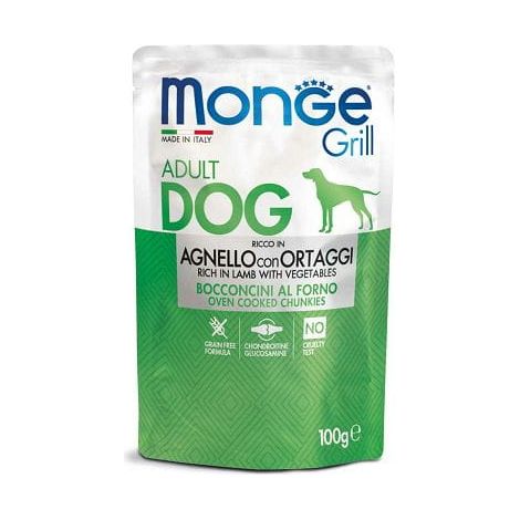 Morceaux de poulet Monge Dog Grill Adult avec agneau et légumes 100 g