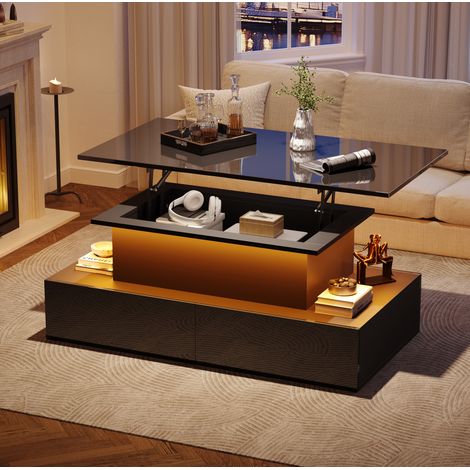 Table basse LED 90x55x41 cm noire en panneaux de particules avec rangements et plateau coulissant (1/5)