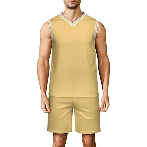 Men's Basketball Set, Adult Basketball Jersey, Sleeveless V-Neck Sports Outfit, Tank Top and Shorts for Fitness, Match, Training, Solid Color (1/5)