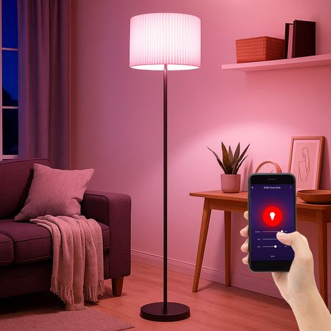 Lampada da terra intelligente in tessuto naturale Lampada da terra App dimmerabile Lampada da soggiorno in piedi, metallo, LED RGB 5W 470Lm bianco caldo-freddo, H 152 cm