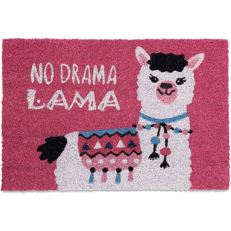 Relaxdays Felpudo Llama, Coco, Tapete con Mensaje, 60 x 40 cm, Antideslizante, Alfombra Interior/Exterior, Rosa/Blanco