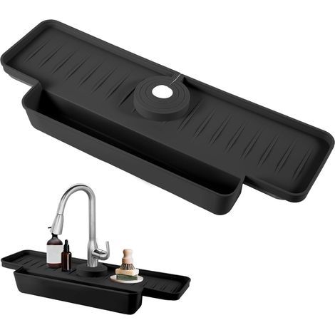 Protection anti-éclaboussures en silicone pour évier de cuisine, 40,5 x 14,5 x 5,3 cm, tapis de robinet facile à nettoyer, récupérateur d'eau pour cuisine et salle de bain (noir) (1/5)