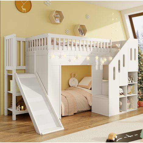 Lit enfant mezzanine 90x200 cm avec toboggan, escalier de rangement et LED blanc HAVRYA (1/5)