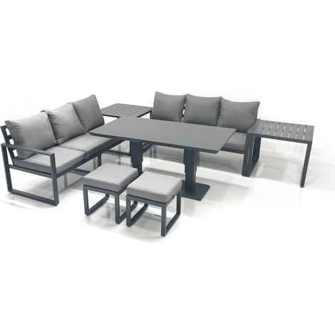 Fimous 8 Seater Aluminium Outdoor Garden Furniture Set with Adjustable Rising Lifting Dining Table 3 Seater Sofa 2 Small Footstool 2 Side Tables Dark Grey (1/5)
