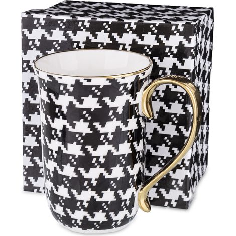 Taza de porcelana, negra, blanca, dorada