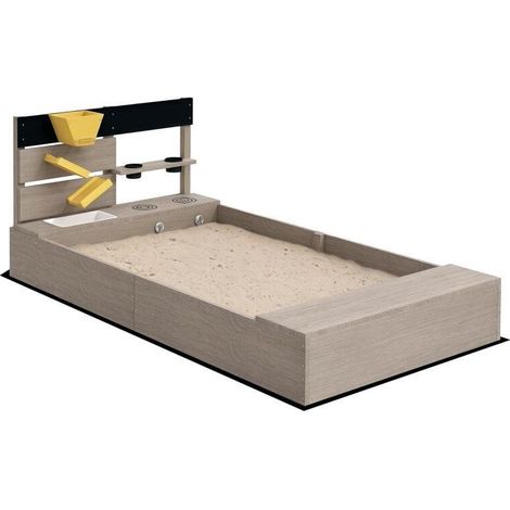 Bac à sable en bois gris avec doublure, plaques de cuisson factices, bacs de plantation et deux sièges, adapté aux enfants de 3 à 7 ans