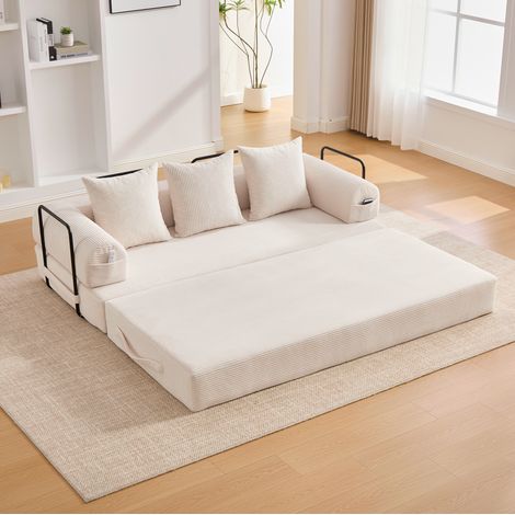 Sofá modular 200x94x67 cm de tela acanalada beige con almacenaje FloraGrace (1/5)