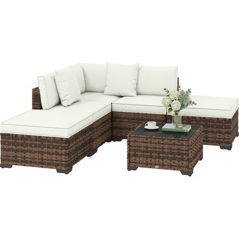 Outsunny conjunto de jardín de ratán de 6 piezas, muebles jardín exterior incluye cojines, 4 módulos de asiento, 1 sofá esquinero y mesa, marrón
