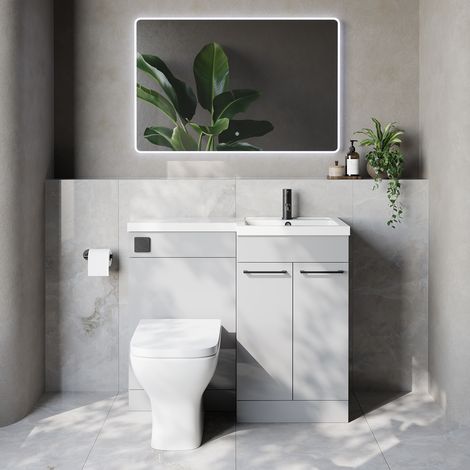 Napoli 390 Gloss Grey Pearl 1000mm 2 Door Vanity Unit Toilet Suite with Right Hand Square Lucia Basin - 1000mm - Matt Black 160mm HandleWith Kingston Toilet Pan and Seat