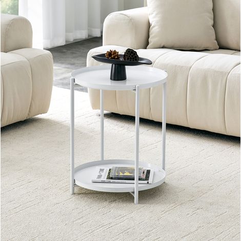 Mesa auxiliar redonda de 42x52 cm con 2 niveles, mesa de centro de metal blanco (1/5)
