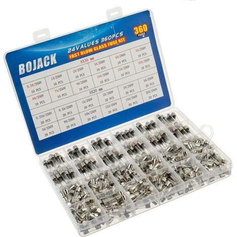 Kit assortimento di fusibili in vetro a fusione rapida, 24 valori, 360 pezzi, 250V, 5x20mm, 6x30mm, 0.25, 0.5, 1, 2, 3, 4, 5, 6, 7, 8, 10, 12, 15, 20A. Confezionato in una scatola di plastica traspare (1/4)