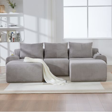 Divano modulare 3 posti in tessuto corduroy grigio chiaro con 2 pouf, portabicchieri e tasca laterale, 268x174x80 cm (1/5)