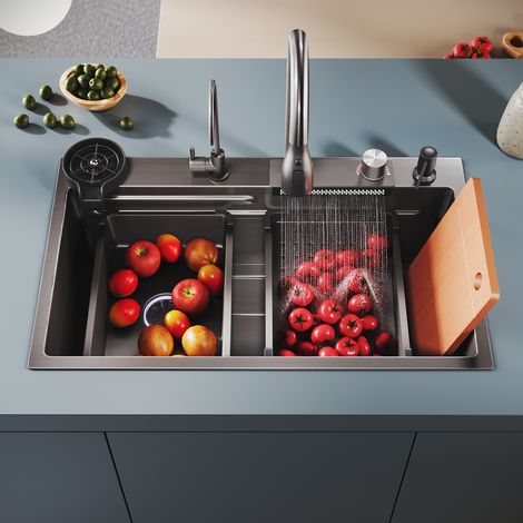 SONNI Spülen mit 1 Becken Edelstahlspüle Küchenspüle, Einbecken-Unterbauspüle mit Korb für Wasserfilterung, Seifenspender, Abwasserkanal-Bausatz 75x45 cm (1/5)