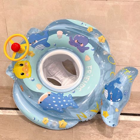 Bouée gonflable enfant avec volant direction, siège de natation bébé motif baleine bleue, anneau piscine sécurisé 0-5 ans (1/5)