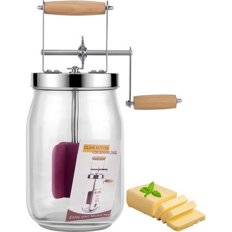 1,5-Liter-Butterfass, Vintage-Handbutterfass mit Holzgriff, Buttermaschine mit Edelstahl-Zahnradsystem, Handkurbel-Butterfass im Einmachglas zum Kochen