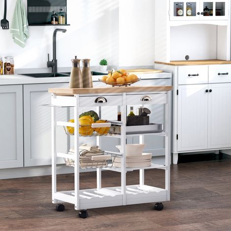 Chariot polyvalent avec 2 tiroirs - 74x37x76 cm - 2 étagères latérales et 2 paniers - chariot en bois de pin - 6 porte-bouteilles - blanc (1/4)