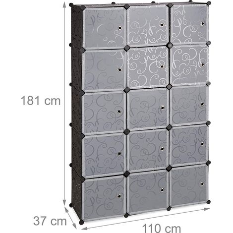 Étagère cubes rangement penderie armoire 11 casiers 2 tringles plastique noir