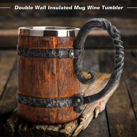 Gobelet à bière en bois simulé, tasse en acier inoxydable imitation baril en bois à double paroi, chope à bière créative (1/4)