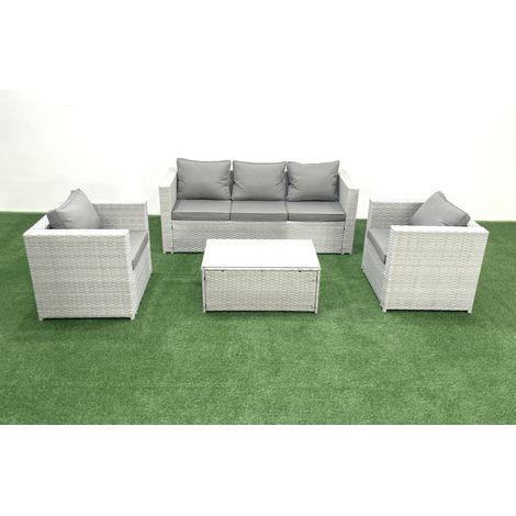 Fimous Rattan Garden Furniture Set with 3 Seater Sofa 2 Chair Rectangular Coffee Table Light Grey Mixed 5 Seater (1/5)