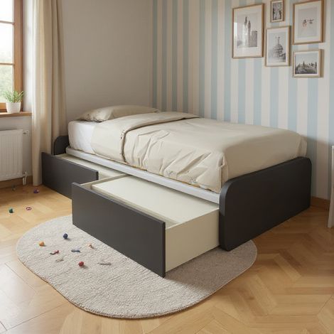 Letto singolo con cassetti 80x190 per cameretta - Design personalizzabile - Basalto