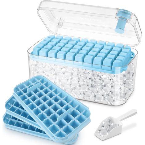 Eiswürfelform für 150 Würfel mit Deckel, inklusive Behälter, einfache Entnahme durch Drücken, 3 Etagen, Schaufel (Blau) (1/5)