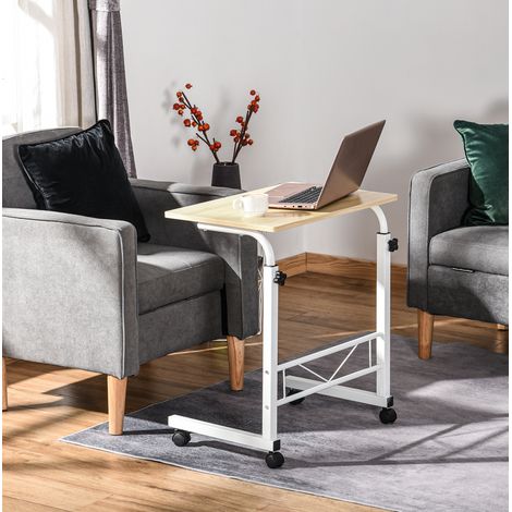 Table d'appoint C réglable en hauteur à roulettes avec freins, idéale comme table de chevet ou de salon, plateau bois clair et métal - CHICFURN (1/5)