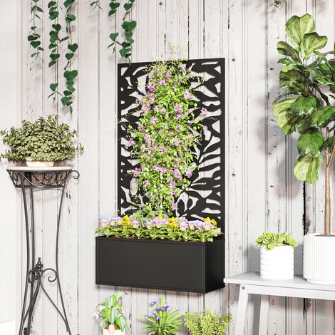 Macetero de acero con enrejado para plantas trepadoras, para montaje en pared o suelo, 61x23x113 cm, negro.