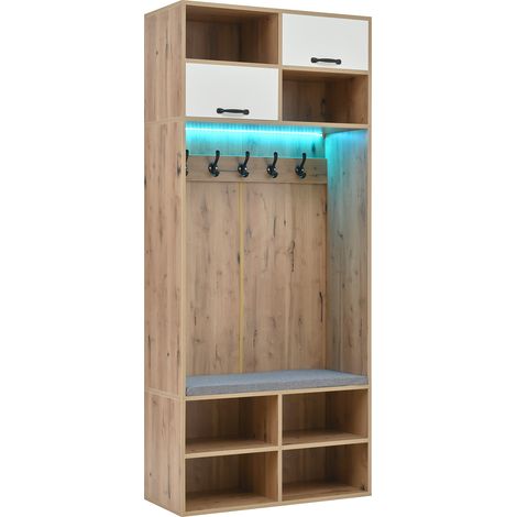 Mobile ingresso con scarpiera, panca e 5 ganci, 80 x 185 x 35 cm, bianco e legno naturale (1/5)