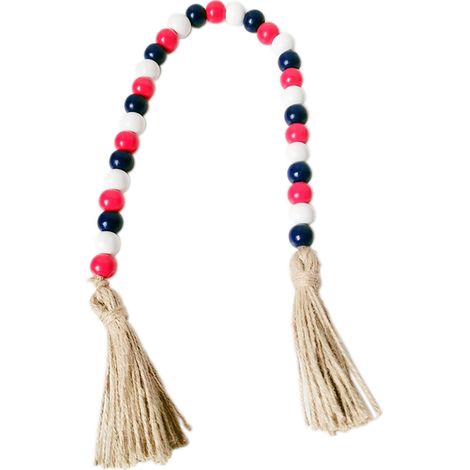 Guirlande de perles en bois pour la fête nationale américaine du 4 juillet, décoration rustique à suspendre avec pompons en corde (1/4)