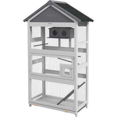 Voliera per Uccellini a 3 Porte con Casetta e Vassoio 92x52x171 cm in Legno e Metallo Grigia e Nera