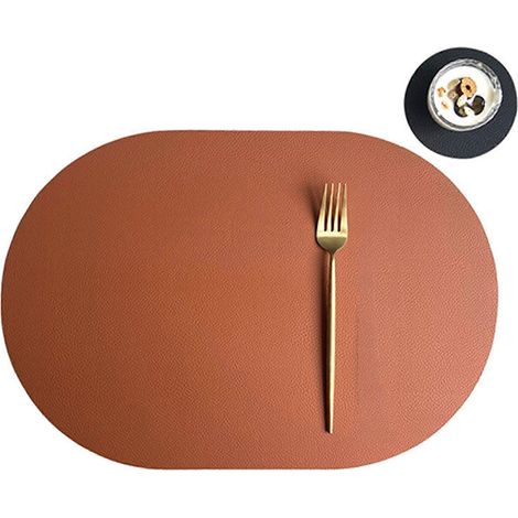 Set de sets de table ovales anti-taches en PU souple, lavables en machine, marron et noir, pour dîners, tables basses et restaurants. Convient également pour les tasses. (1/5)