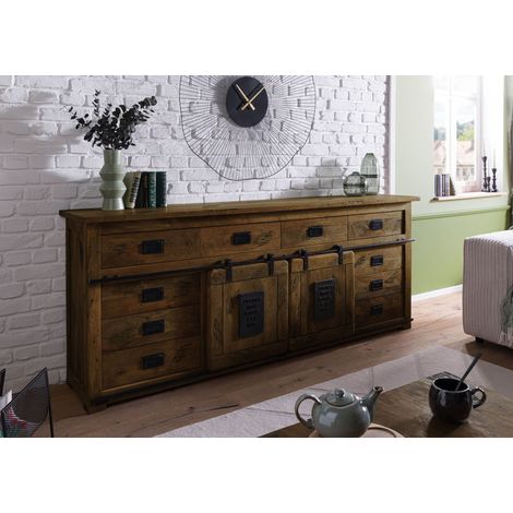 Massivmoebel24 – Buffet en bois de manguier massif laqué marron – Style industriel avec compartiments – Design factory – Dimensions optimales pour salon et salle à manger