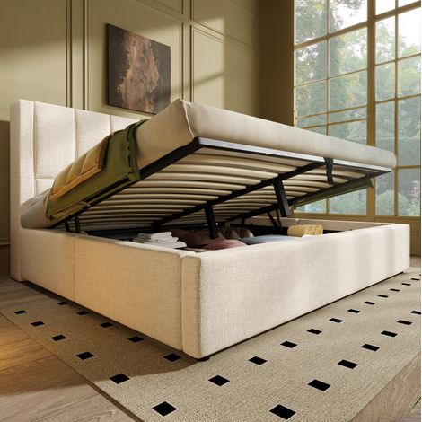 Letto contenitore 160 x 200 cm idraulico con testiera multifunzione beige HAVRYA (1/5)