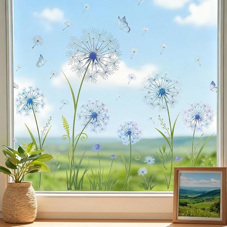 Dandelion Window Stickers, Shockproof Decorative Flower Stickers, 2-Piece Static Cling Stickers (No Glue Required), Protects Glass Doors and Birds, Indoor & Outdoor (1/5)