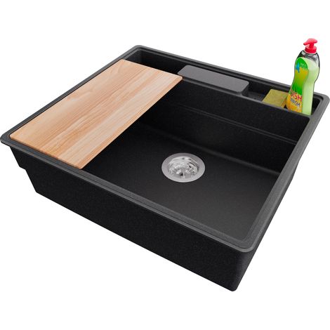 PRIMAGRAN Evier Cuisine en Granit 58x53cm,Lavabo 1 bac + Kit de Vidage + Accessoires, Évier à Encastrer au meuble 60cm - New York, Graphite (1/5)