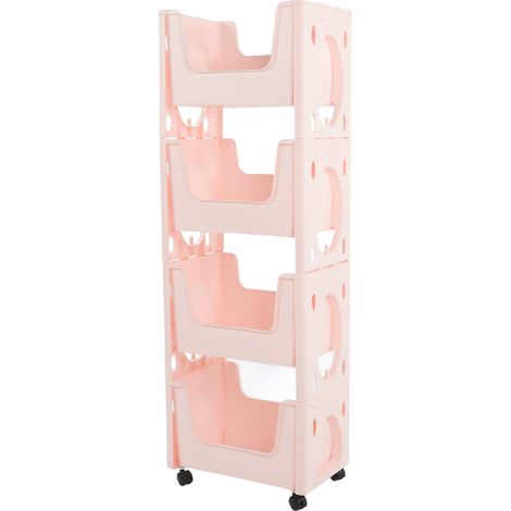 Chariot de rangement mobile grande capacité et épais avec roulettes verrouillables pour livres, jouets, flacons d'épices, 4 niveaux, rose (1/5)