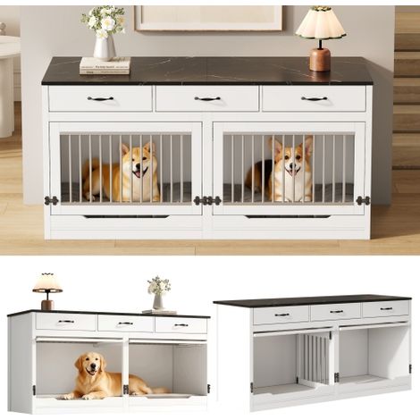 Gabbia per cani in legno e metallo, per 2 cani, cuccia da interno, con serratura, porta a battente, divisorio removibile, 3 cassetti, bianca e nera, di grandi dimensioni, dimensioni 164×60×81 cm (1/5)