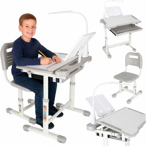 Bureau enfant avec lampe LED, hauteur réglable, gris, table d'étude ergonomique pour enfants
